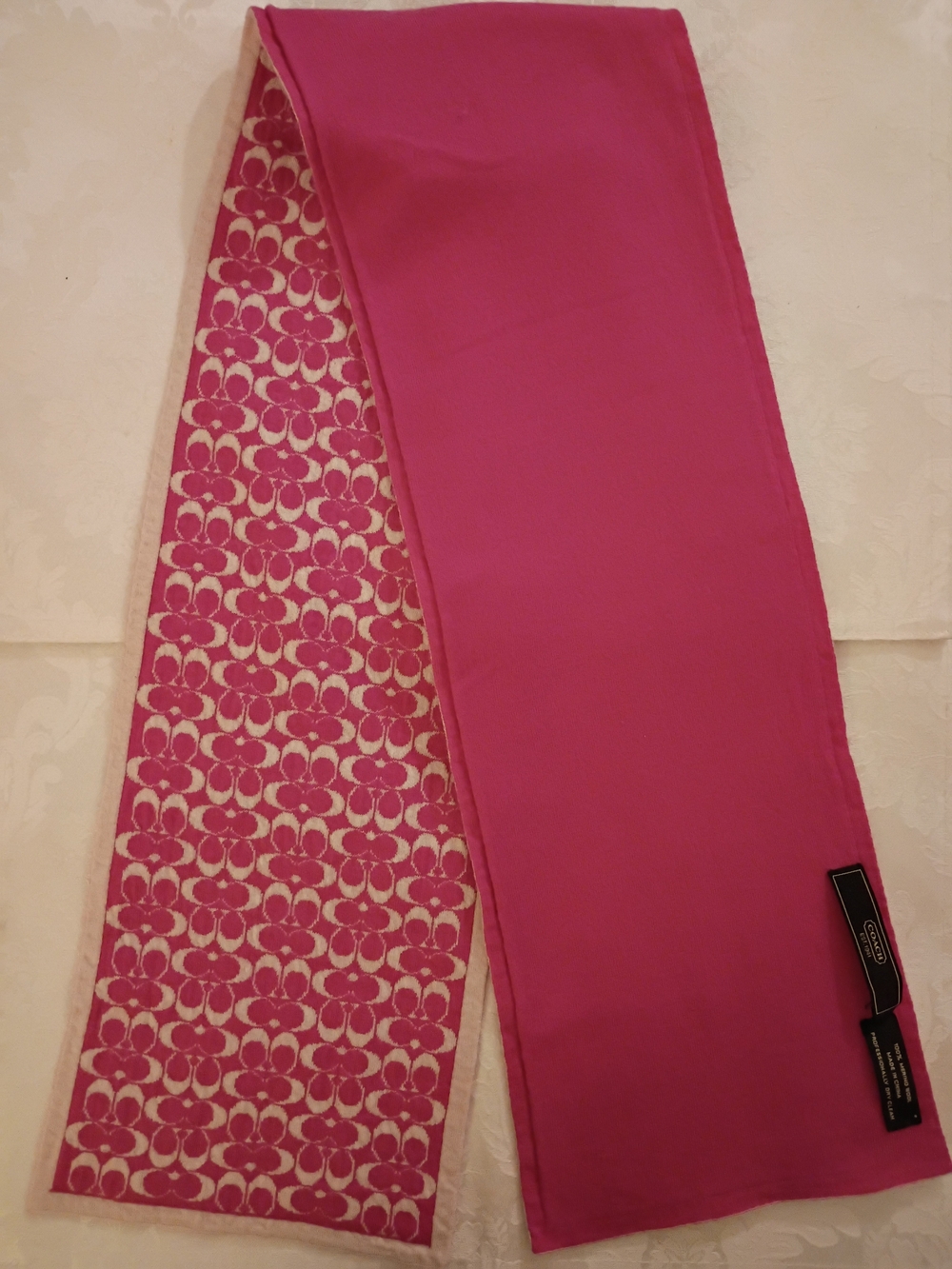 Coach Reversible Pink & White Signature "C" Logo 100% Merino Wool Winter Scarf